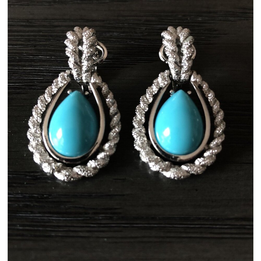 Vintage Avon Silver Tone Clip On Earrings Faux Turquoise Stone Signed